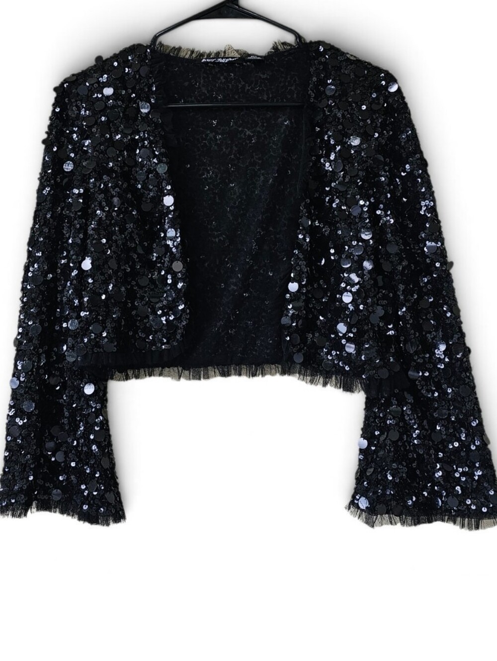 Betsey Johnson Sequin Bolero Jacket Black Evening Holiday Cover Up Size M/L